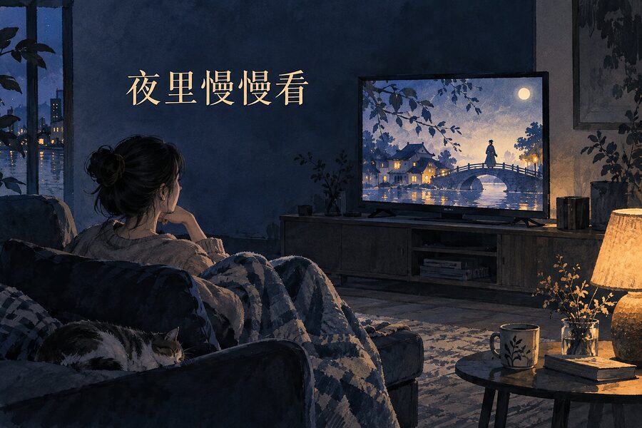 一位女性在昏暗的客厅看电视，旁边亮着一盏小灯。