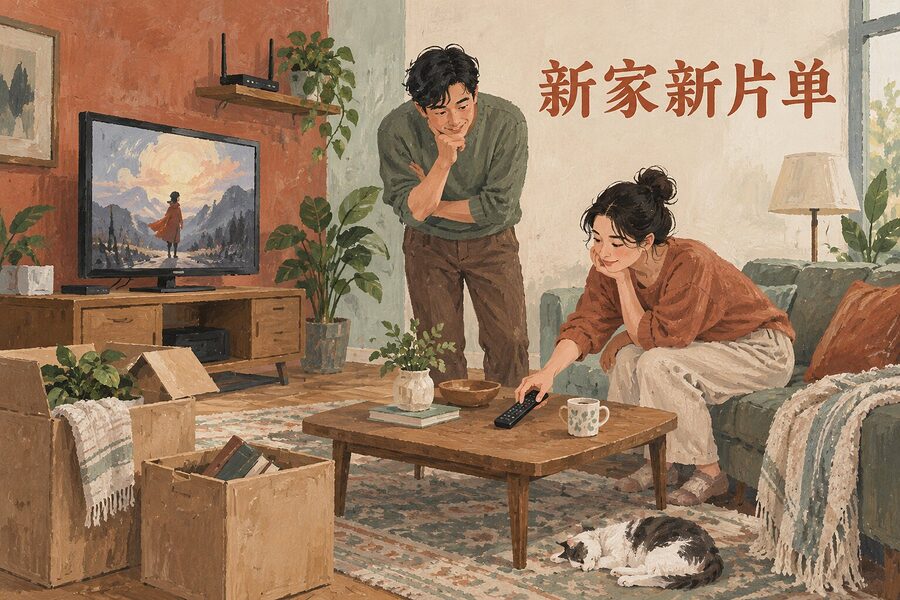 刚搬进新家的客厅里，两人正整理遥控器的位置。