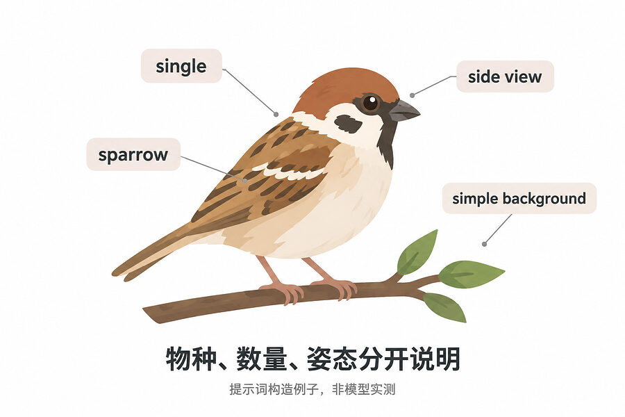 一只麻雀站在枝上，数量和姿态都写明白