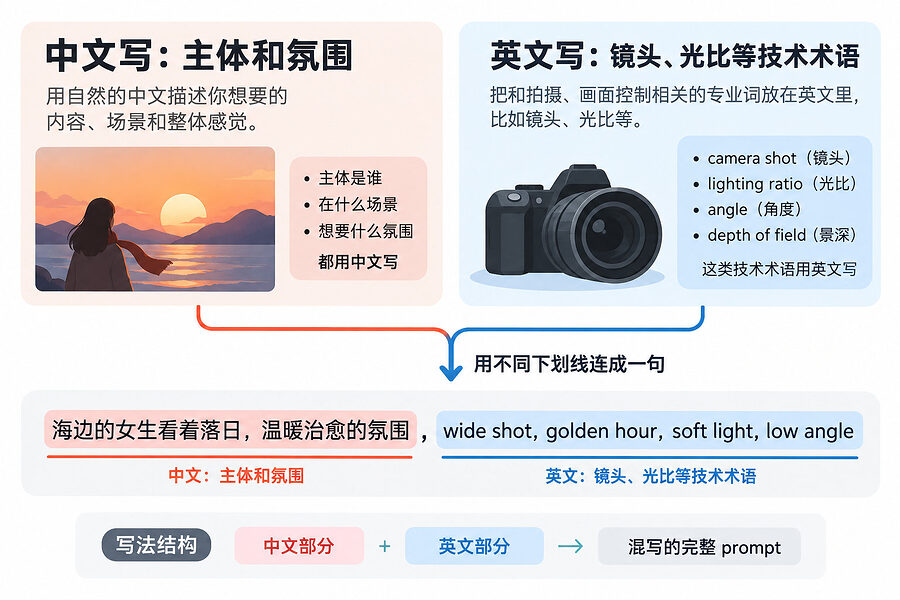 想画什么用中文说，技术词单独补