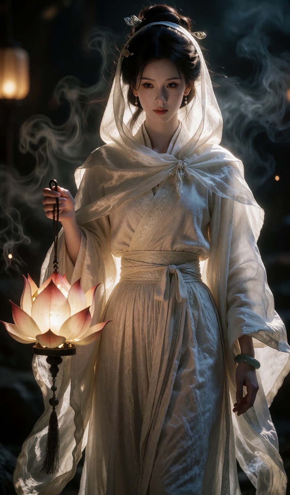 只留一盏莲花灯的暖光:白衣女祭司胶片人像