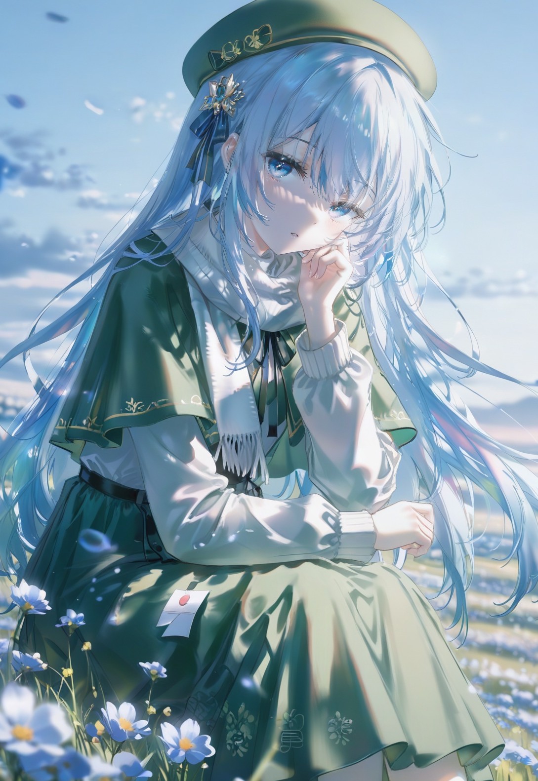 蓝发贝雷帽少女托腮坐花田，配色很舒服
