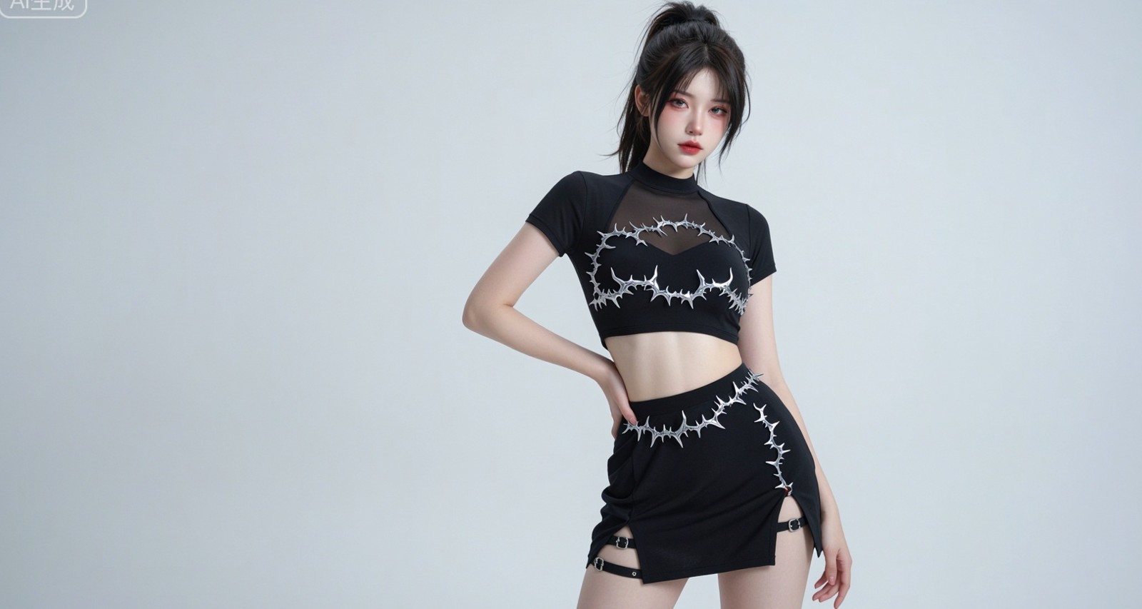 白底黑衣的荆棘魔女，冷光把皮肤压得很干净
