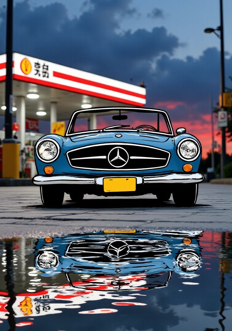 克莱因蓝老爷车·加油站赛博晚霞的线画混搭