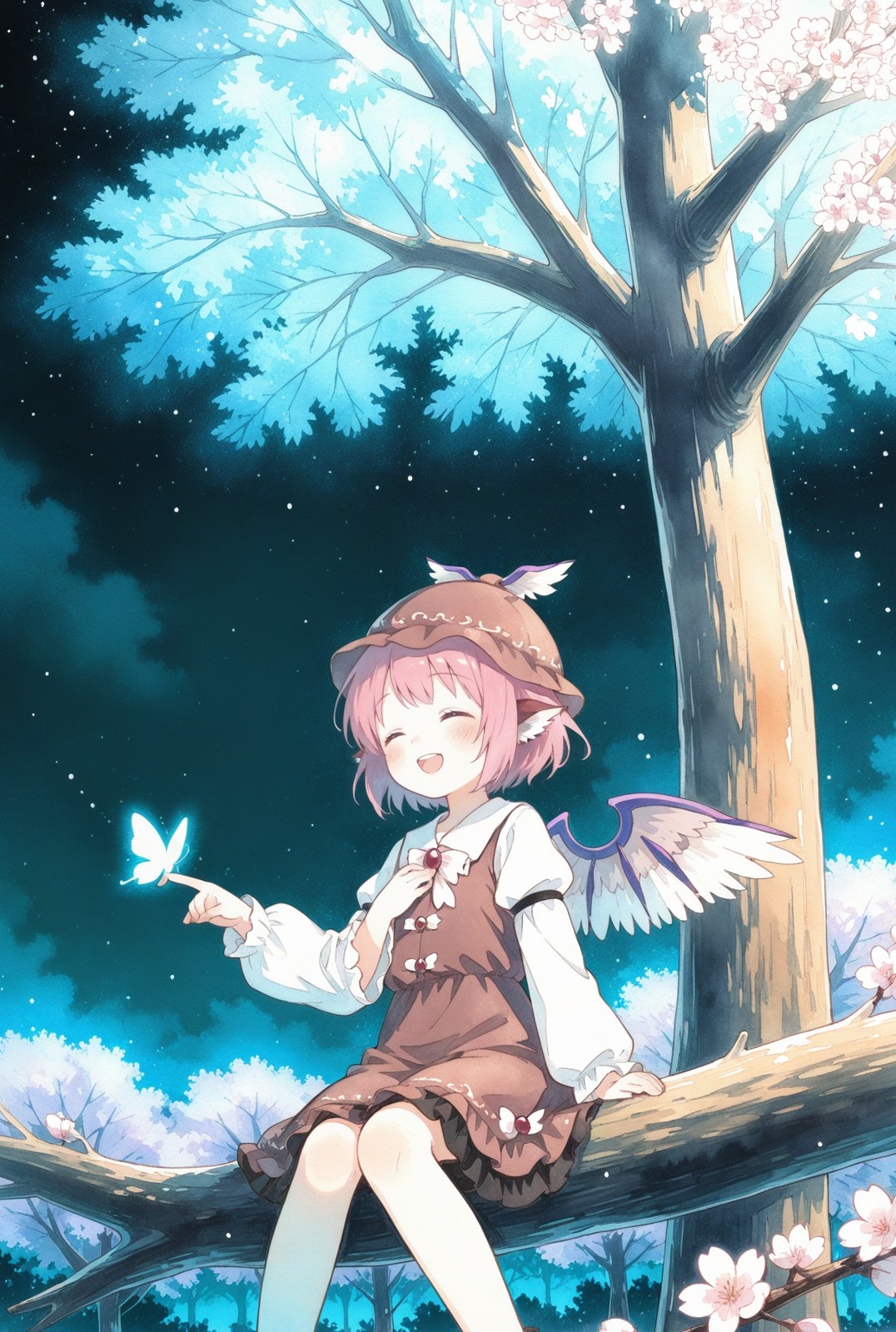 夜里坐在树枝上唱歌的夜雀，水彩味磨了好几版