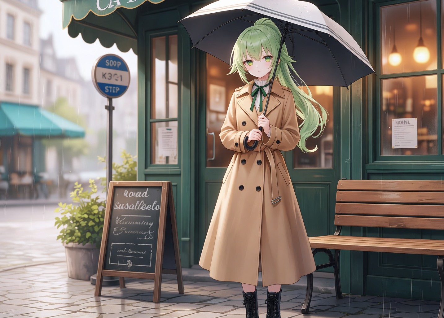 雨天公交站等车的绿发姑娘，身后一家暖光咖啡馆