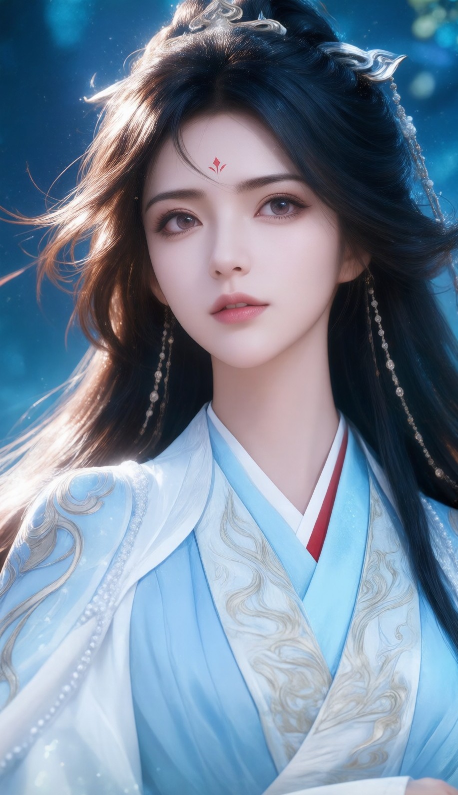 半身汉服，红白蓝三色硬上身加额间一点朱砂