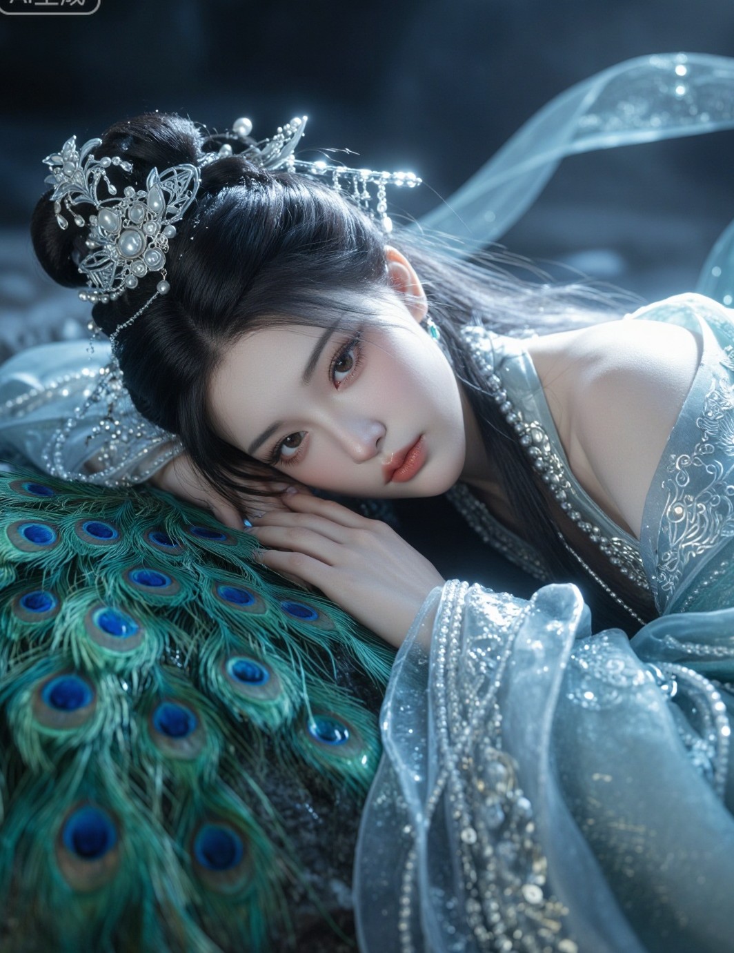 冷白皮妖冶古风人像，绿孔雀元素配黄金分割留白