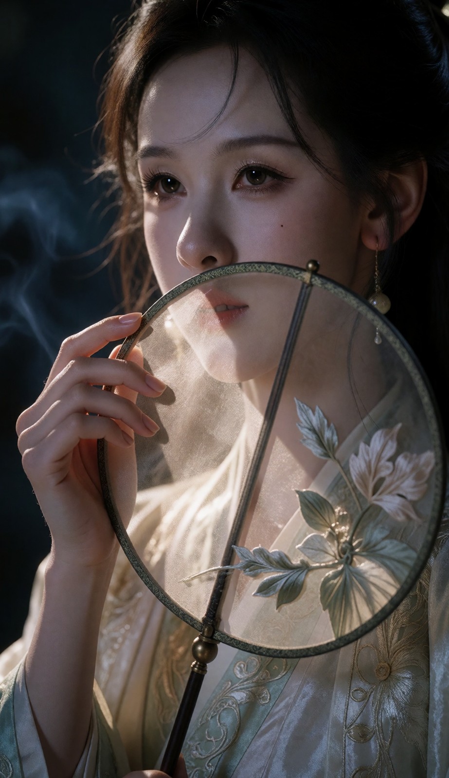 扇子挡住下半张脸,只剩眼睛在看你