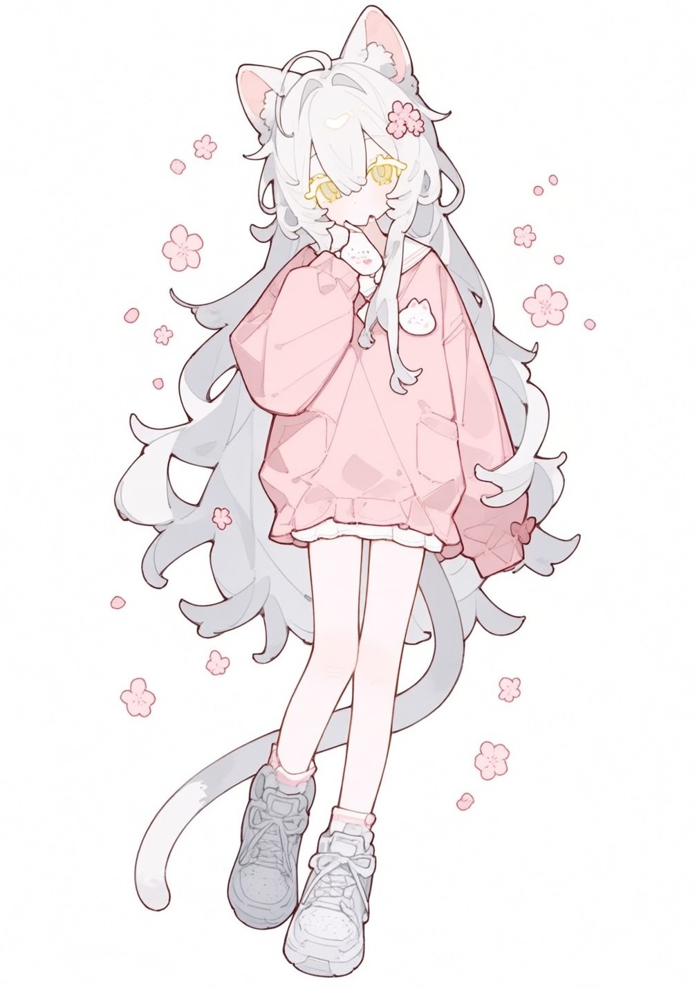 蓝黄异瞳猫娘，樱花白底立绘