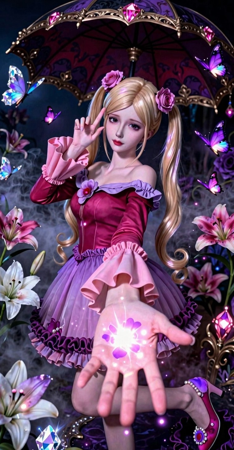 叶罗丽风双马尾少女自拍，掌心粉紫魔法光斑那张