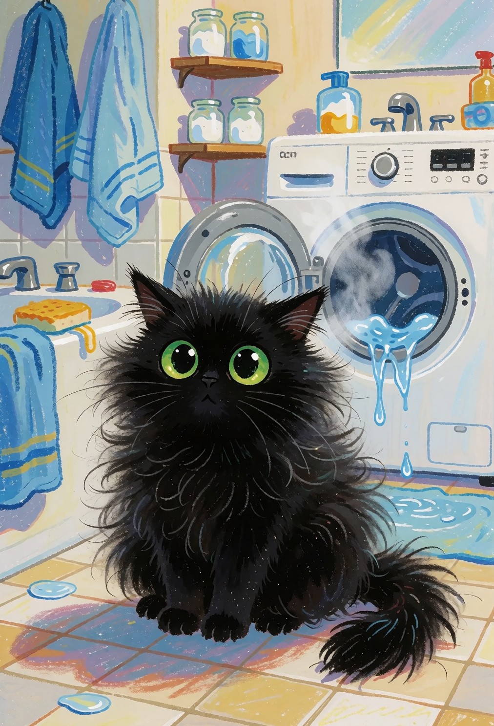 刚从洗衣机里爬出来的炸毛黑猫，蜡笔童画风