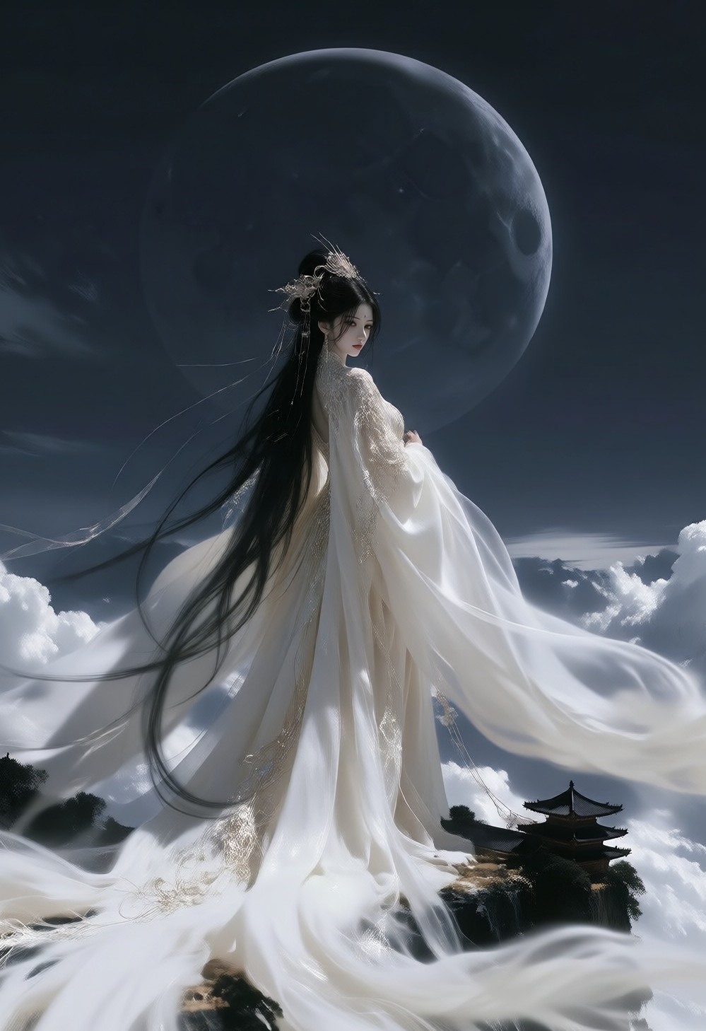 月下悬崖古寺，白纱神女的暗黑水墨风