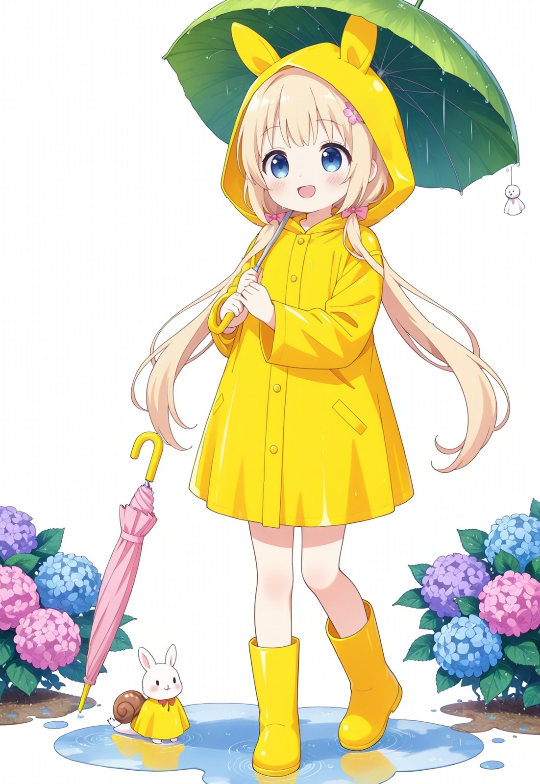 黄雨衣配绣球，梅雨天给小黑板配的图