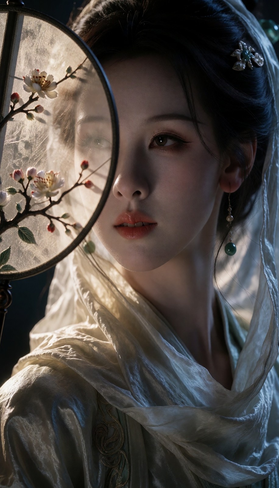 团扇半遮面，光透过丝绸那一下