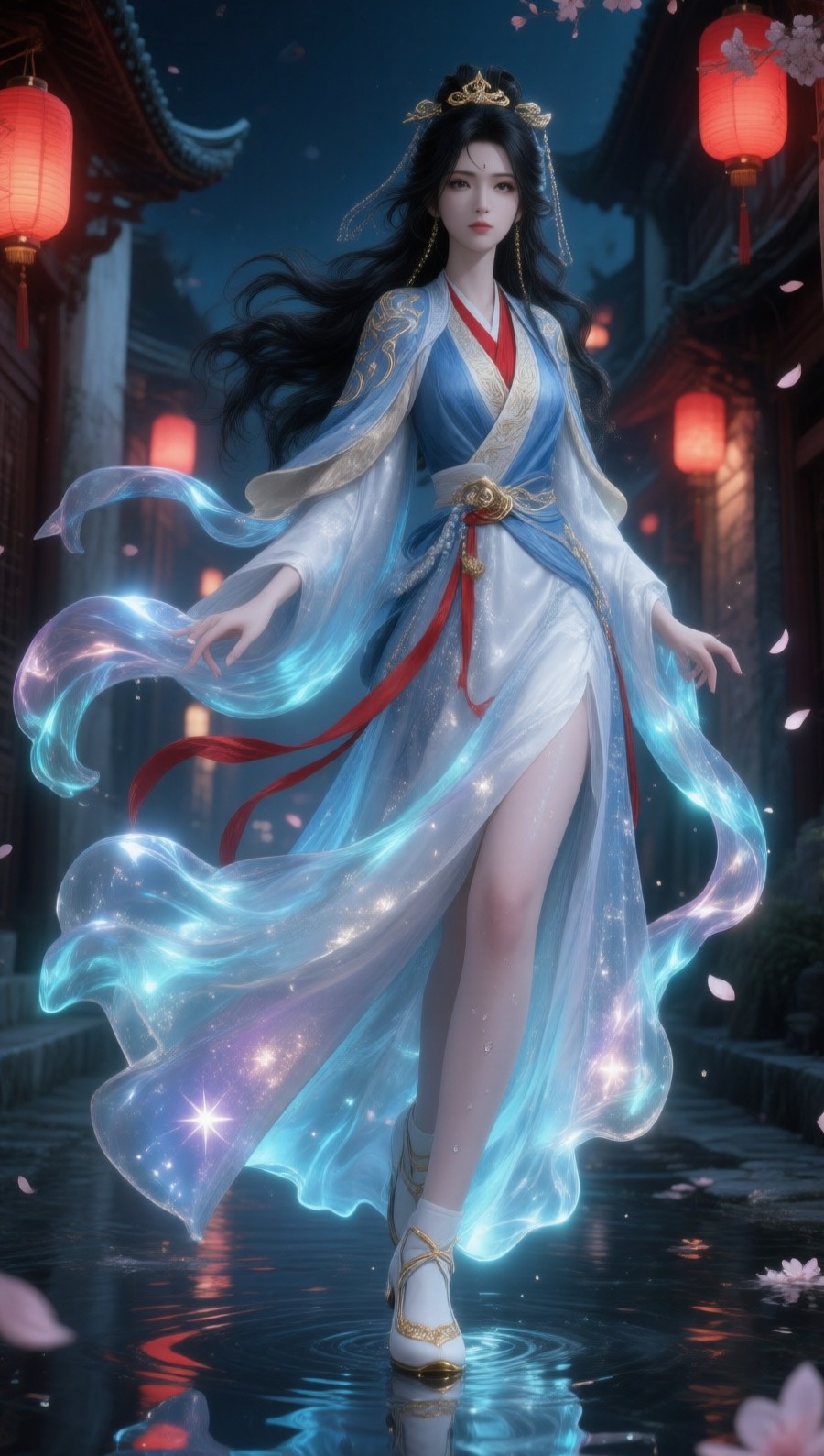 夜市灯笼下的仙侠女子，裙摆带星光水粒子