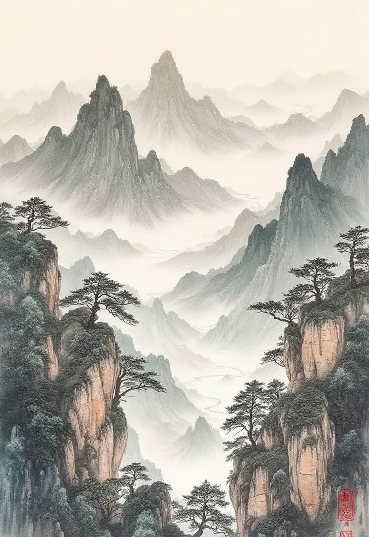 水墨山水长卷:层层墨色的山峦配蜿蜒江河,全景铺开