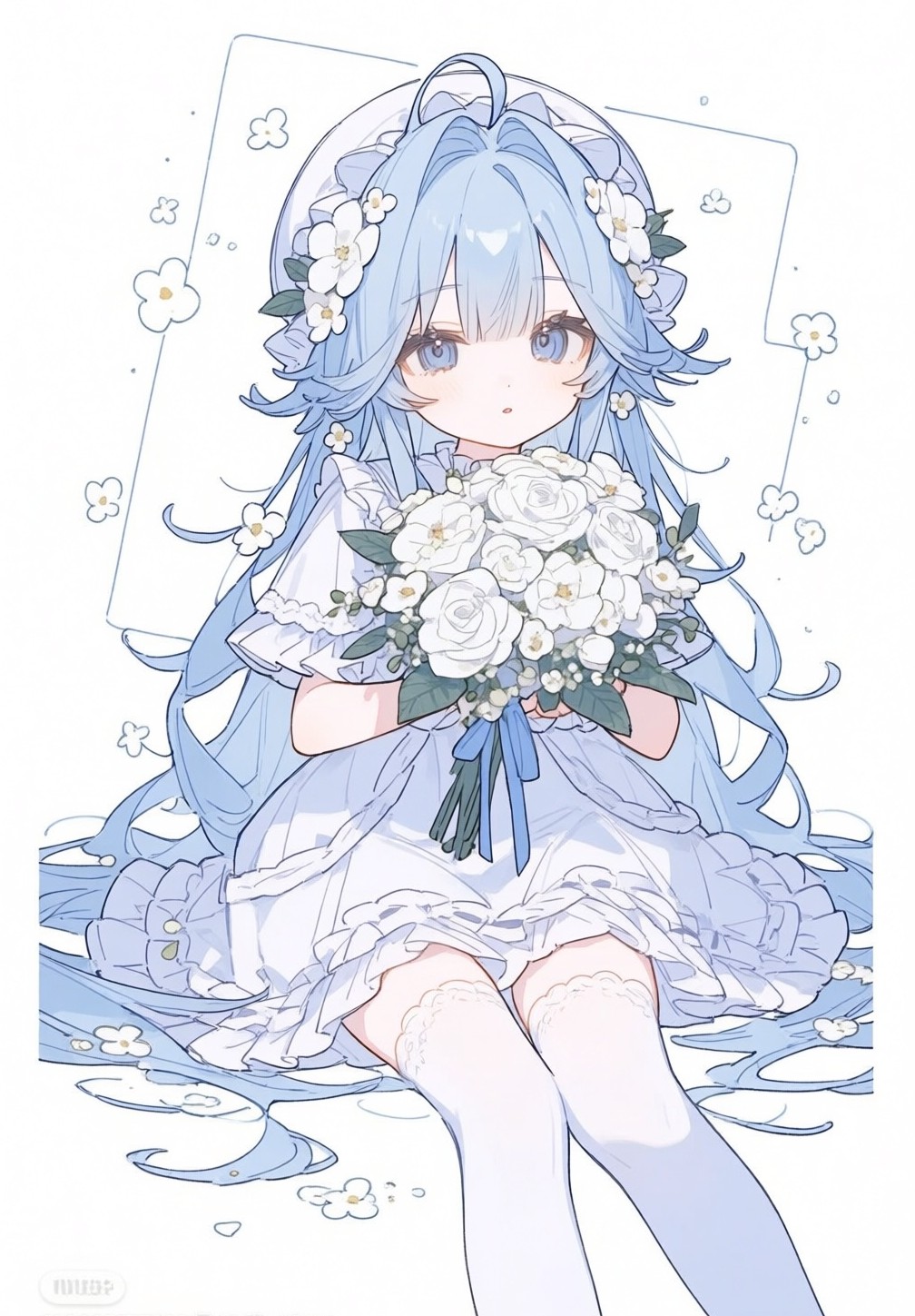 抱着白花束坐着的蓝发少女，三层白叠一起的难题