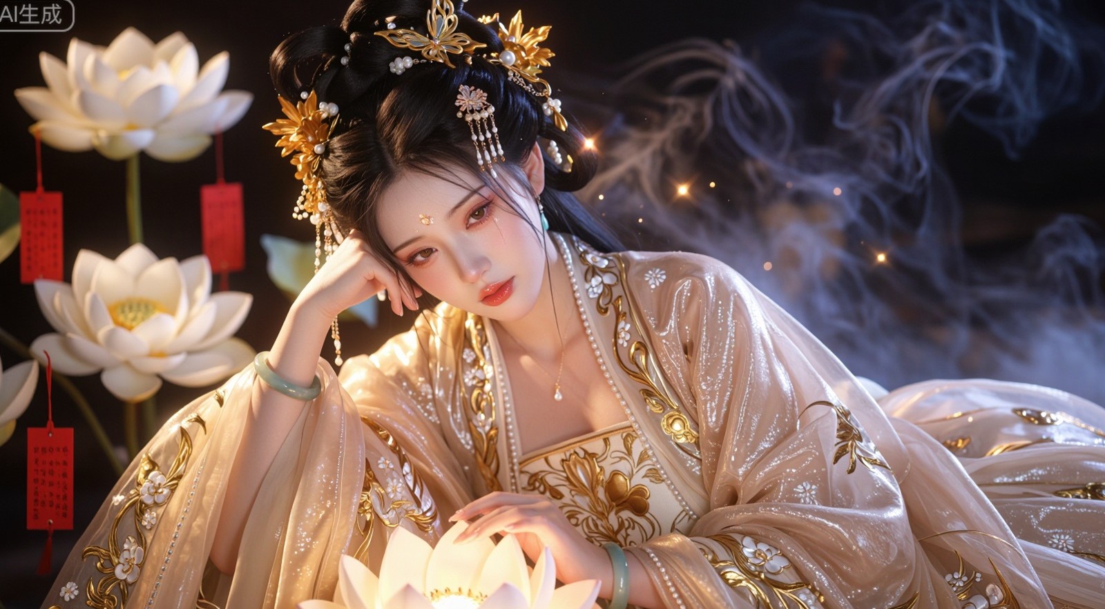 莲灯夜影，托腮的这张国风特写