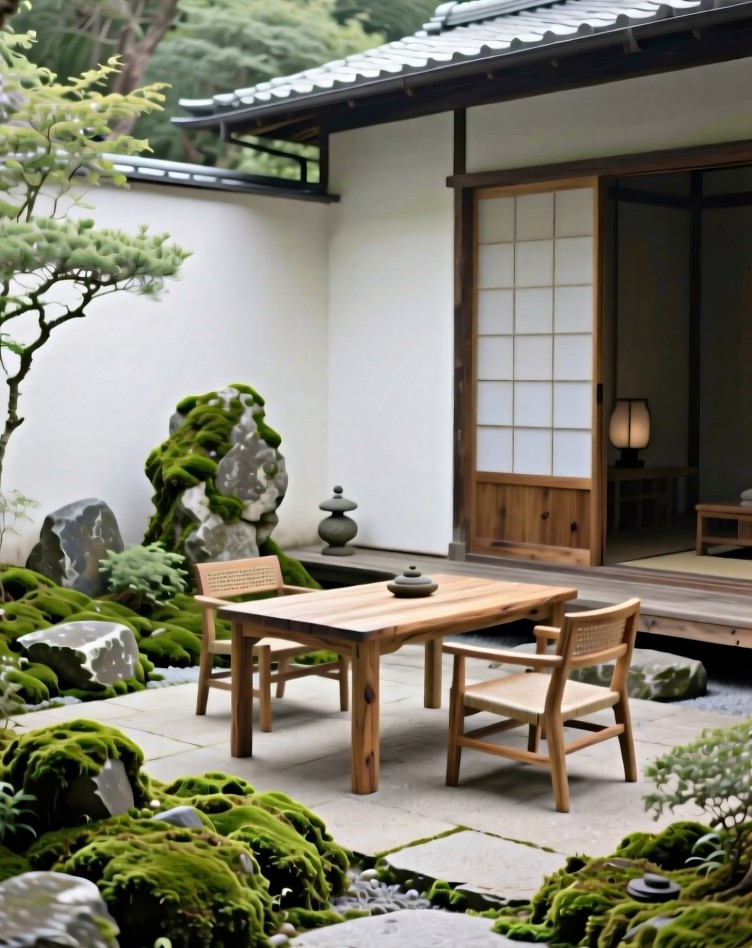 苔石、原木矮桌、大片留白，院子角落最难的是那个空