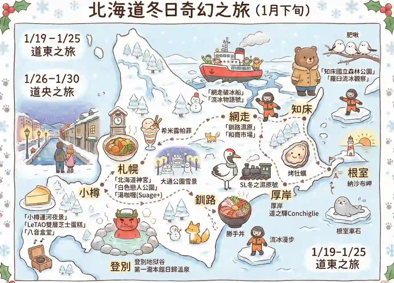 把一月的北海道行程画成了一张手绘地图