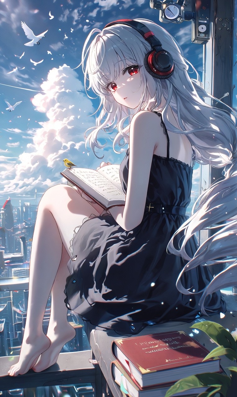灰发红瞳戴耳机，坐在云天下翻书的黑裙少女