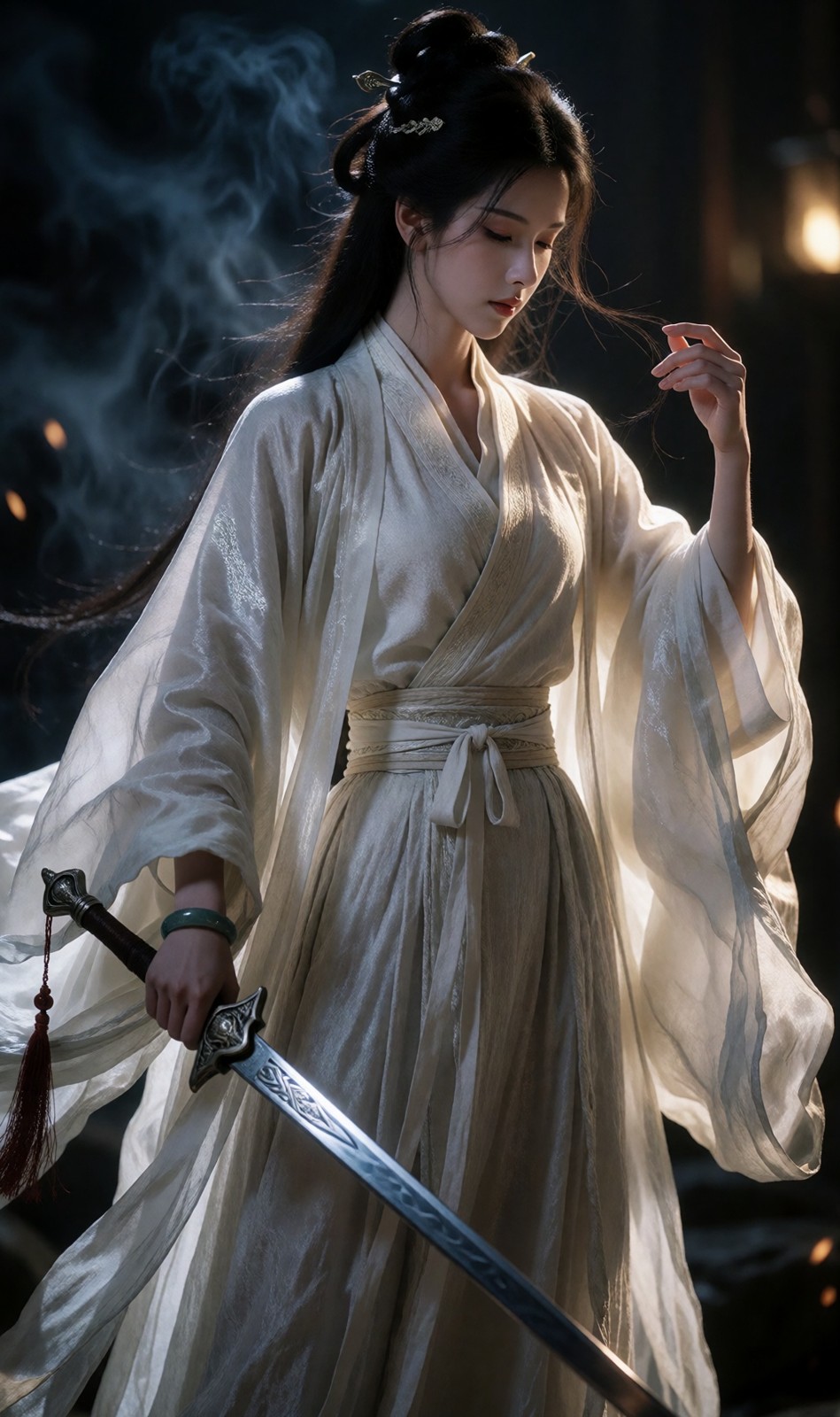 一身白麻汉服提剑站在烟里,侧光磨了大半天