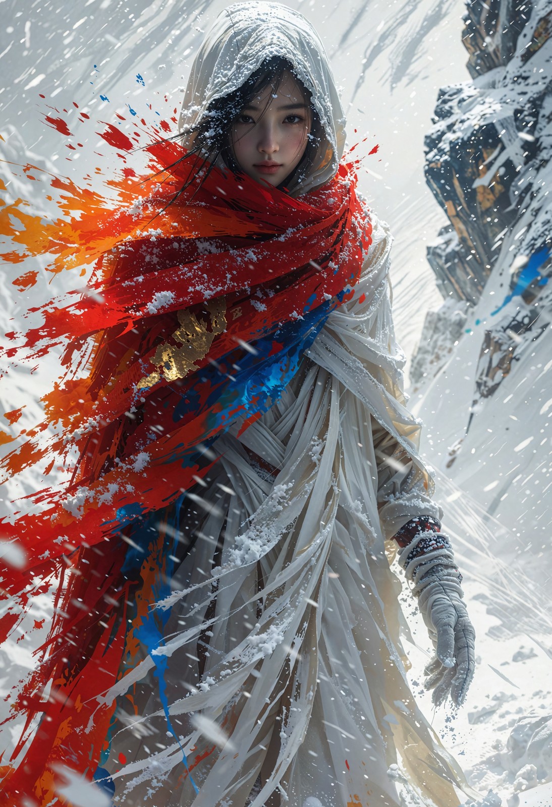 雪暴里的白袍少女，笔触感层叠披风那张