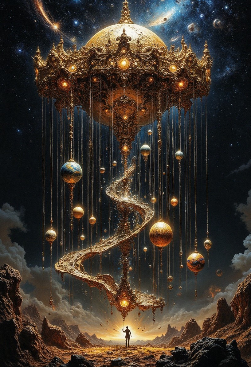 一具操纵宇宙的巨型星辰木偶，线连着星系