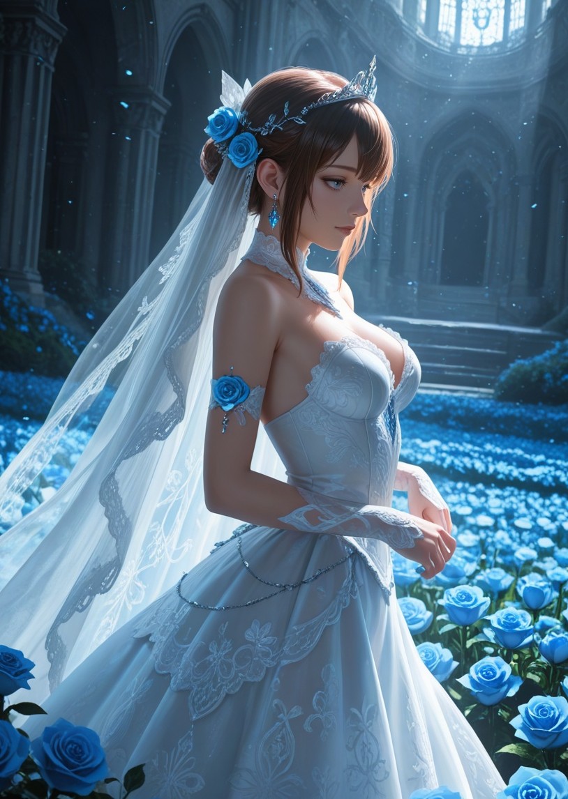 蓝玫瑰花海里的侧身少女·电影感写实