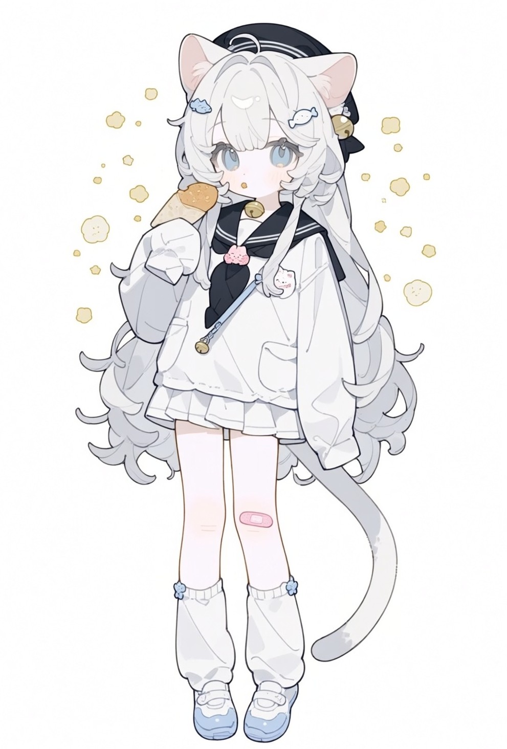 白毛猫娘水手服，腿上贴创可贴还在啃甜甜圈