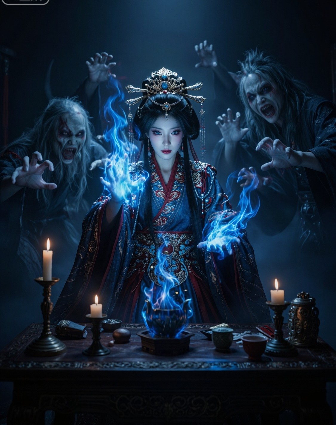 引魂巫女操蓝焰,一群小鬼虚影绕着转