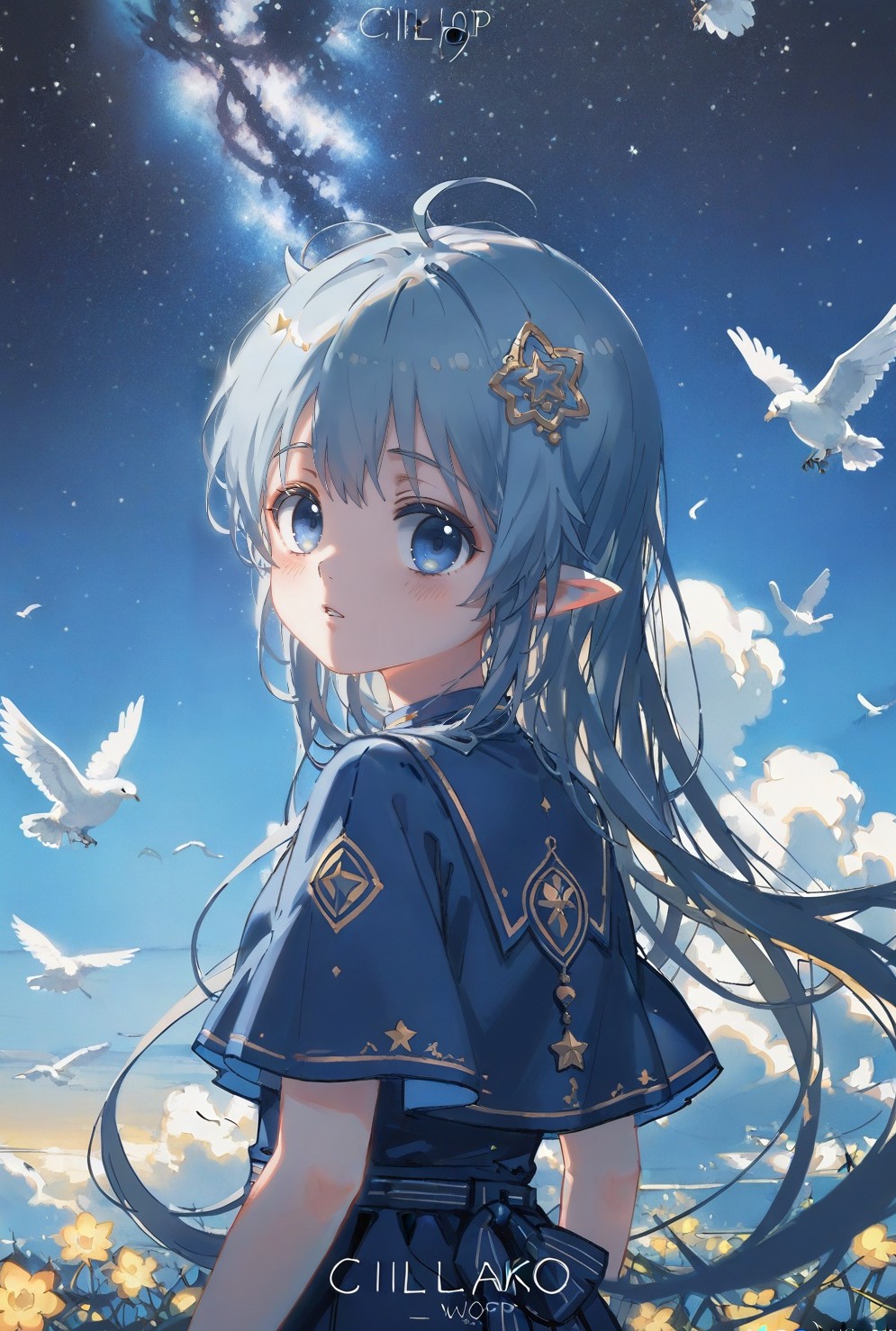 星空蓝调回眸,鸟耳少女的冷感背影