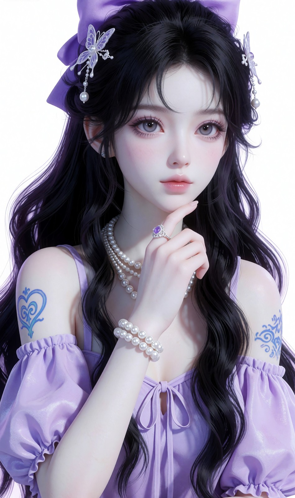 紫蝴蝶结瓷娃娃,3D渲染风的露肩小姐姐