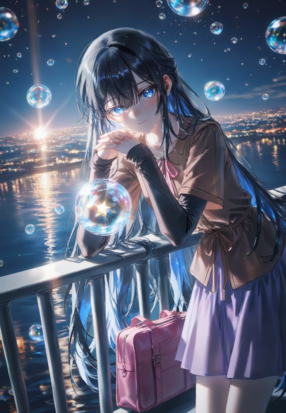 夜晚湖边阳台，黑长直少女和一池倒影