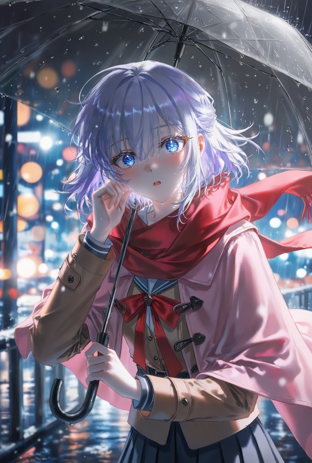 雨夜撑伞的银发少女，路灯散景做了很久