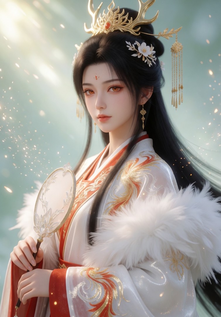 鹿角金冠配白红汉服,3D古风仙侠半身