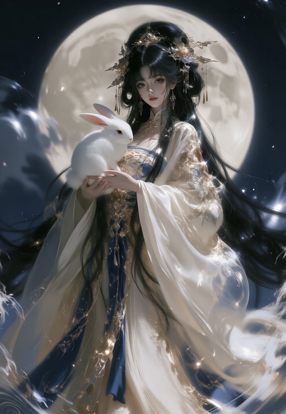 抱着玉兔的嫦娥，金蓝配色