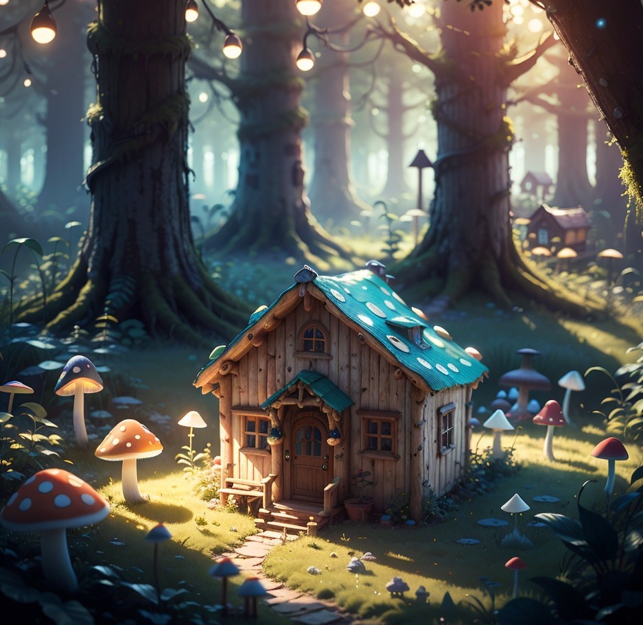 森林里的红顶蘑菇小屋,3D童话场景