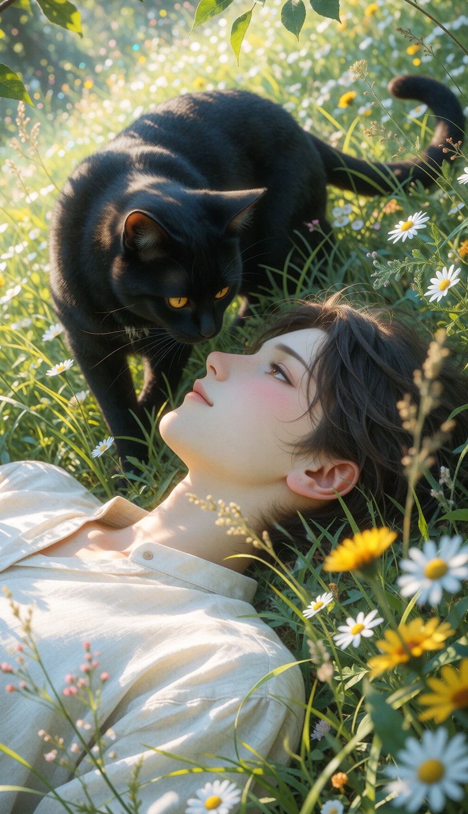 草地上和黑猫脸贴脸的少年,水彩加铅笔线的夏日感