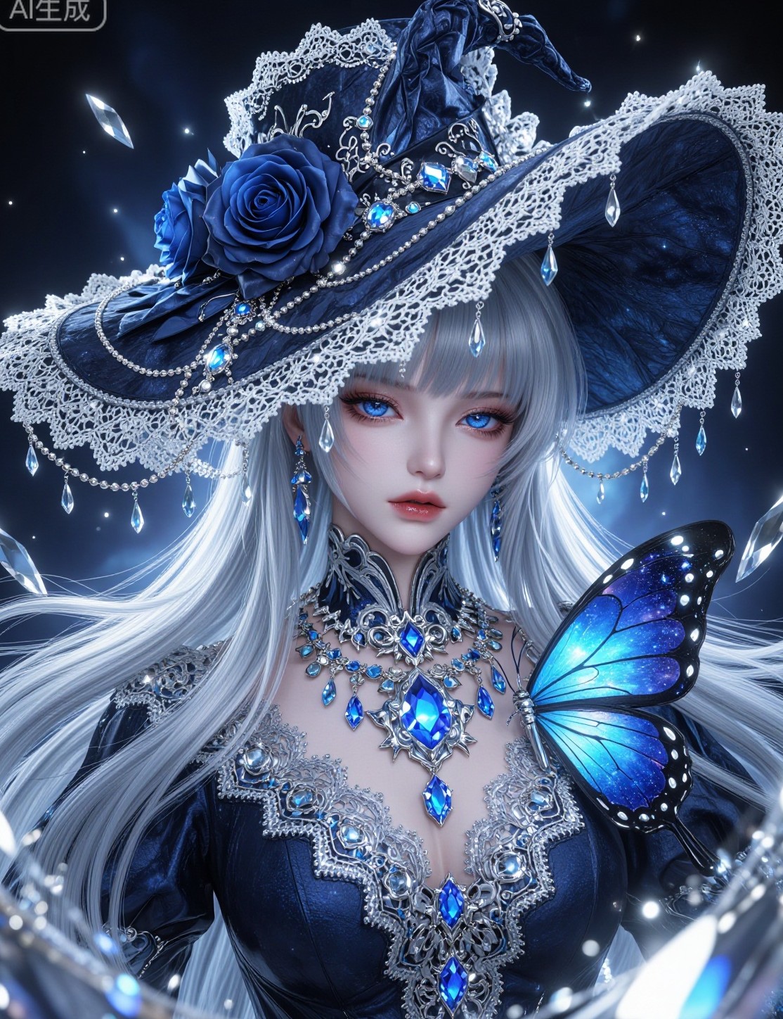 银发少女与蓝玫瑰哥特帽，冷蓝调幻想立绘