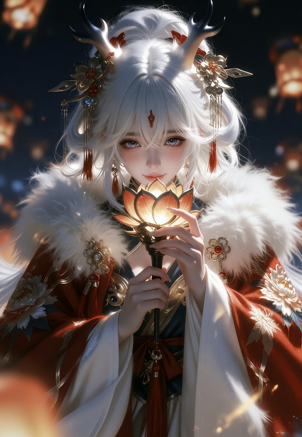 元宵夜·白发龙角少女提莲灯,红金明制汉服配毛领披风